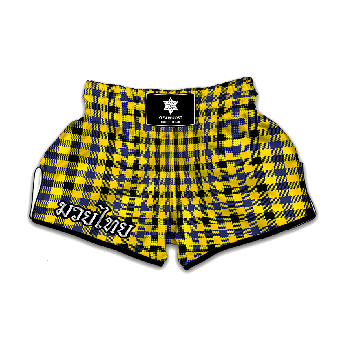 Yellow Black And Navy Plaid Print Muay Thai Boxing Shorts