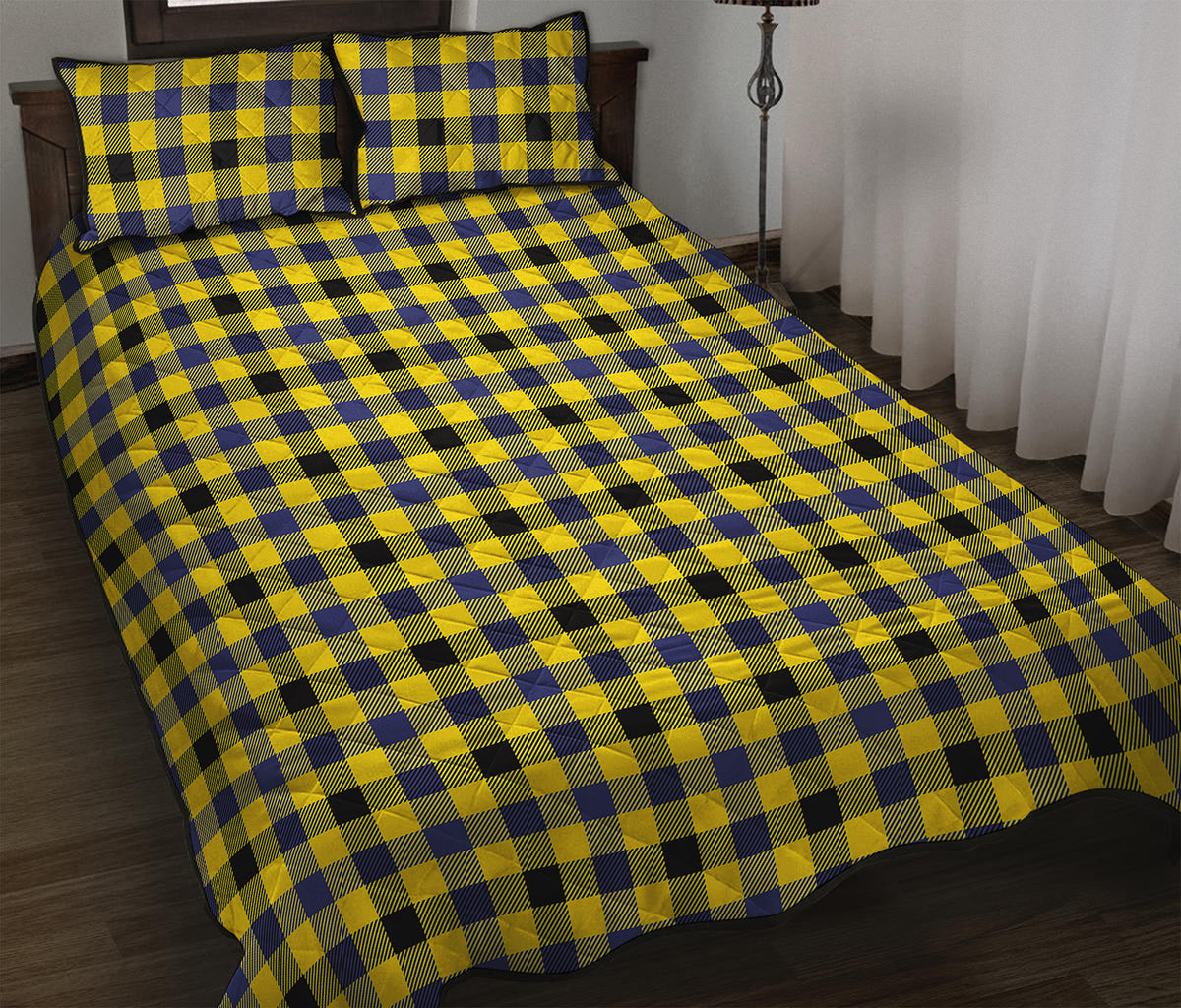 Yellow Black And Navy Plaid Print Quilt Bed Set