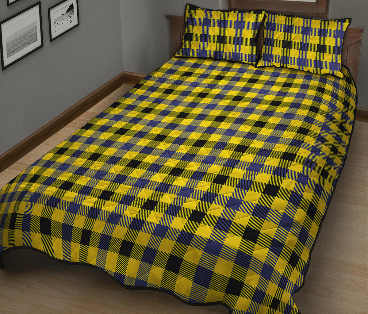 Yellow Black And Navy Plaid Print Quilt Bed Set