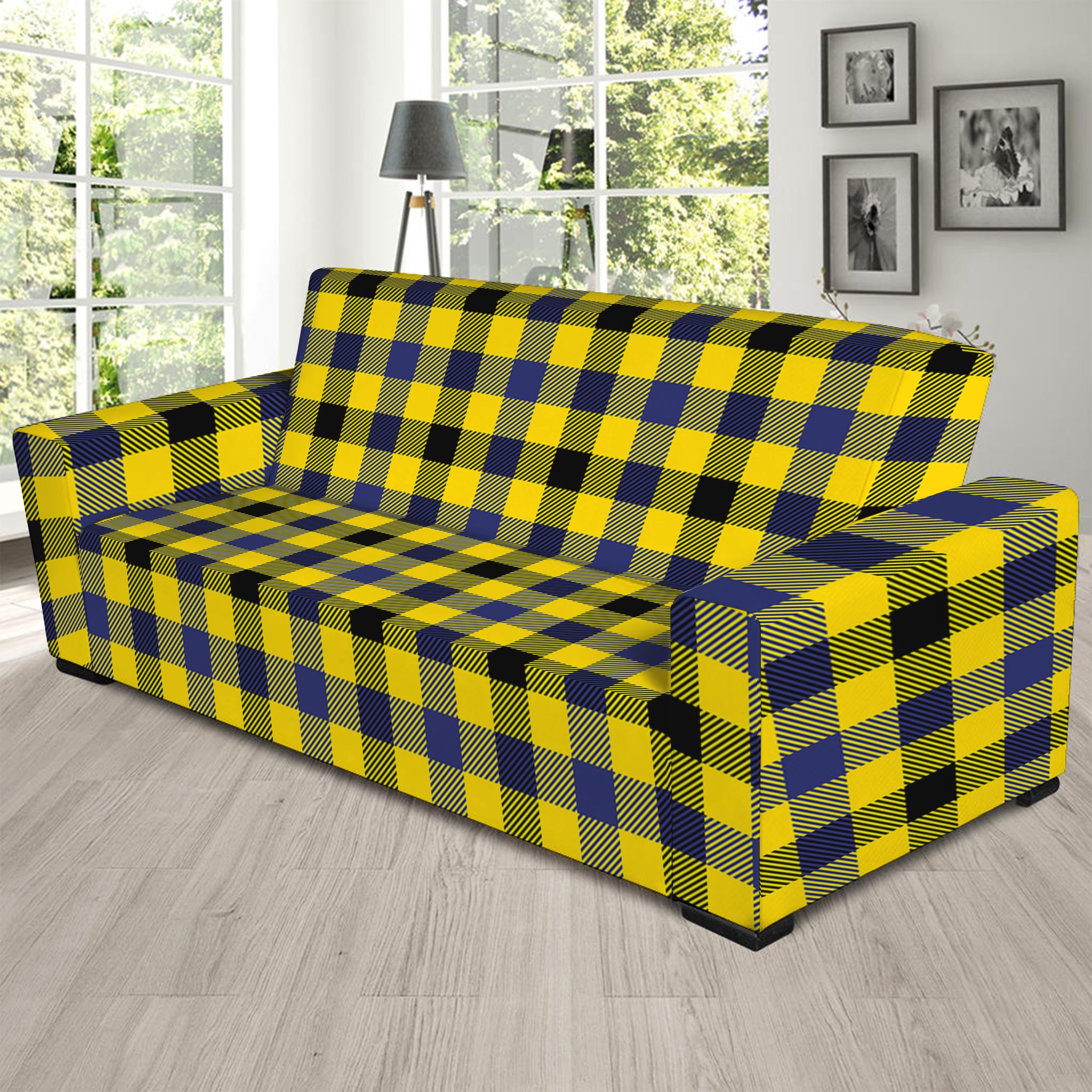 Yellow Black And Navy Plaid Print Sofa Slipcover