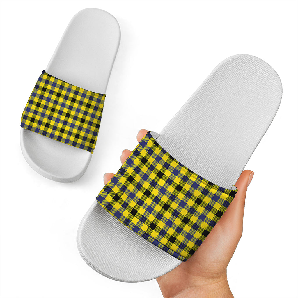 Yellow Black And Navy Plaid Print White Slide Sandals