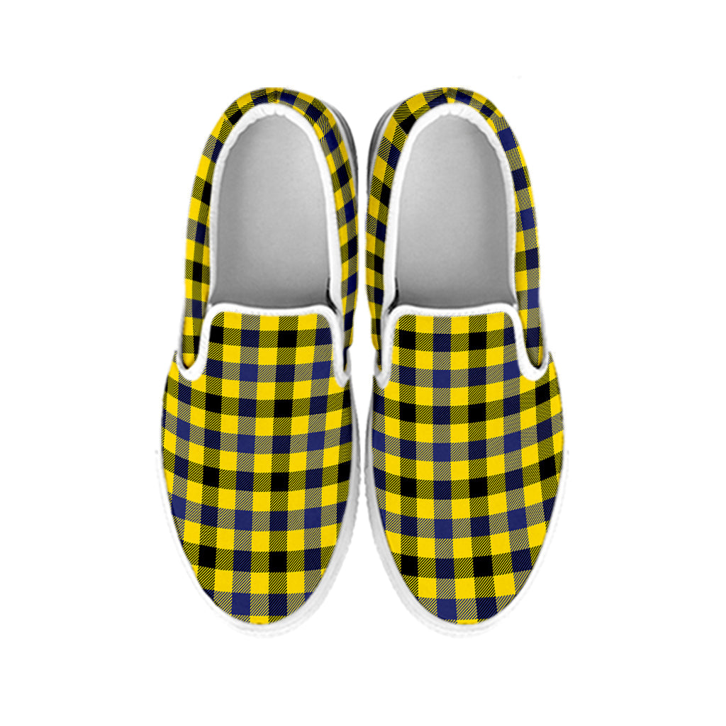 Yellow Black And Navy Plaid Print White Slip On Shoes