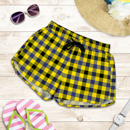 Yellow Black And Navy Plaid Print Women's Shorts