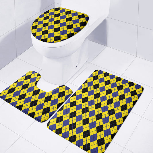 Yellow Blue And Black Argyle Print 3 Piece Bath Mat Set