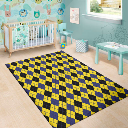 Yellow Blue And Black Argyle Print Area Rug