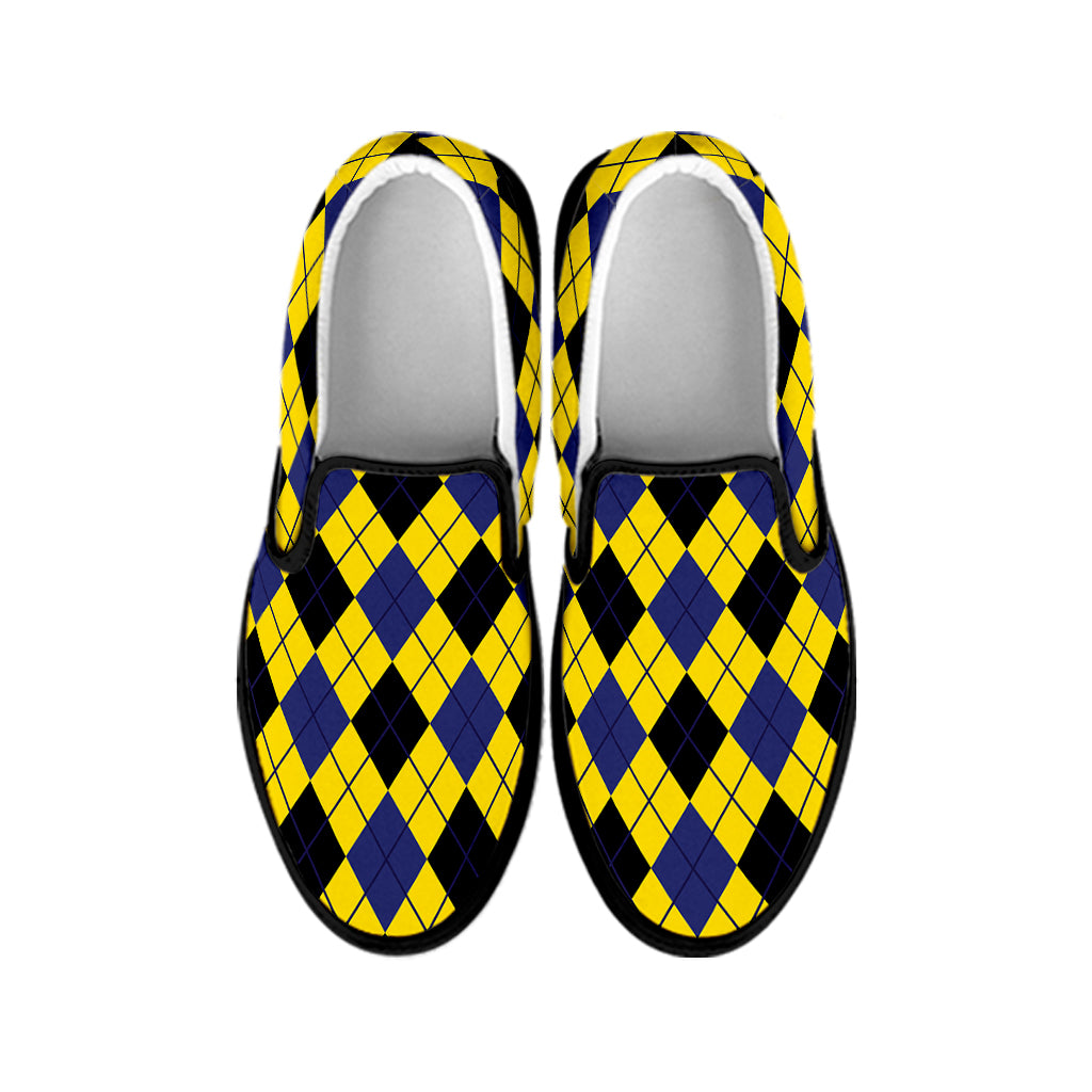 Yellow Blue And Black Argyle Print Black Slip On Shoes