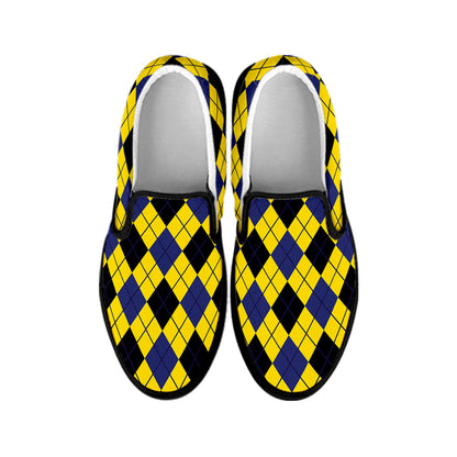 Yellow Blue And Black Argyle Print Black Slip On Shoes