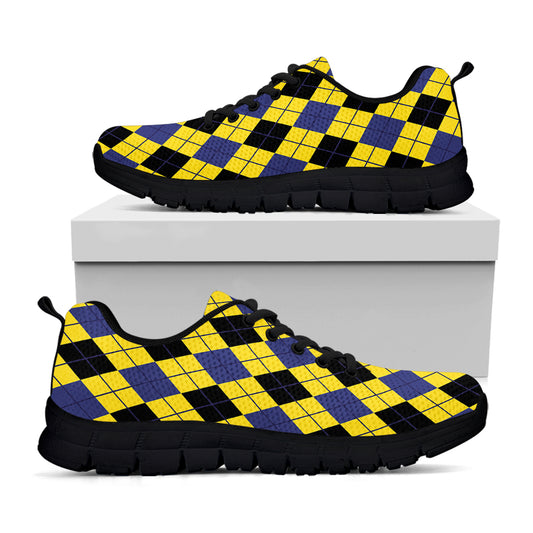 Yellow Blue And Black Argyle Print Black Sneakers