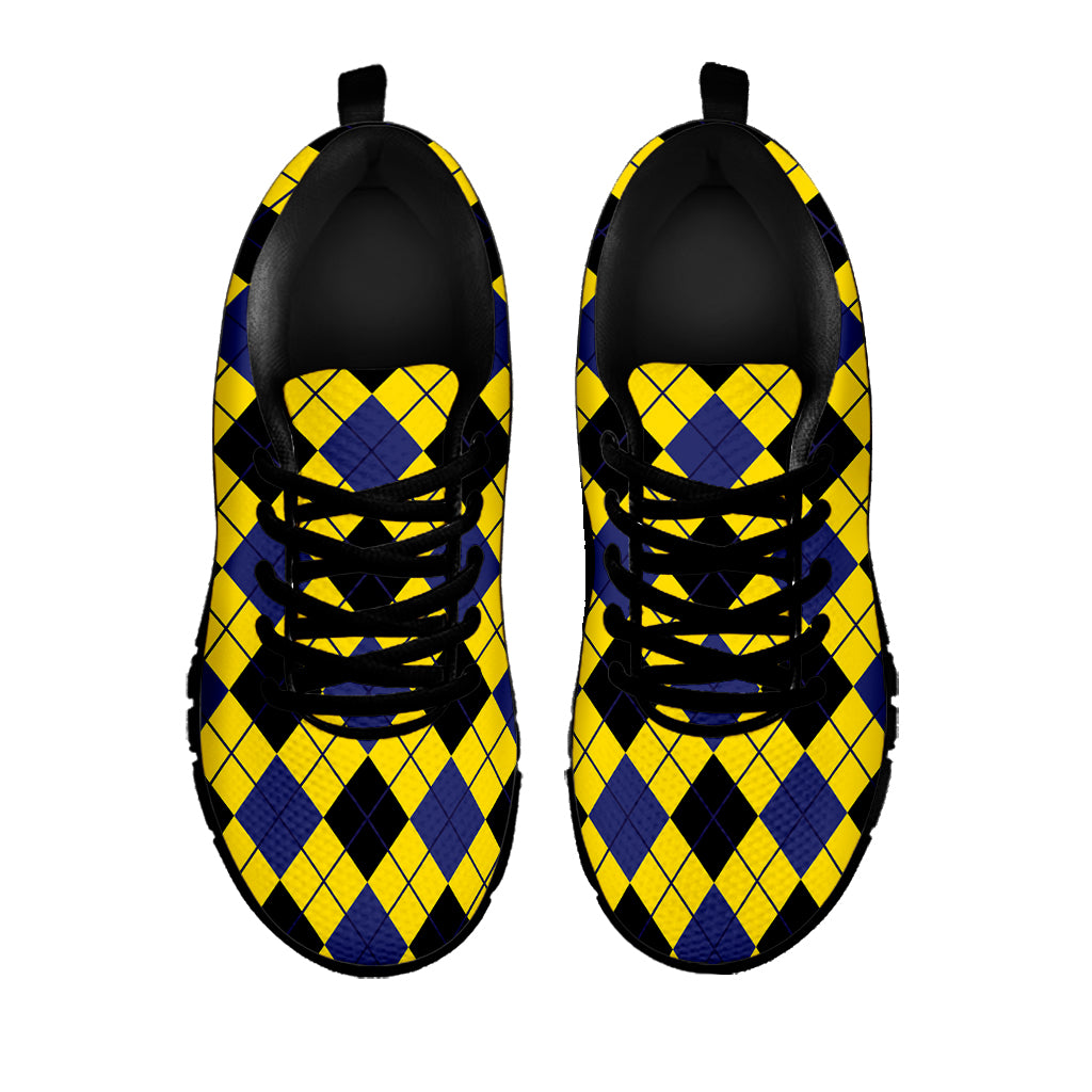 Yellow Blue And Black Argyle Print Black Sneakers