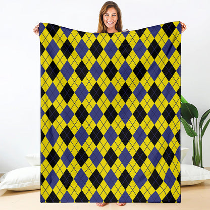 Yellow Blue And Black Argyle Print Blanket