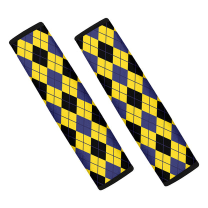 Yellow Blue And Black Argyle Print Car Seat Belt Covers