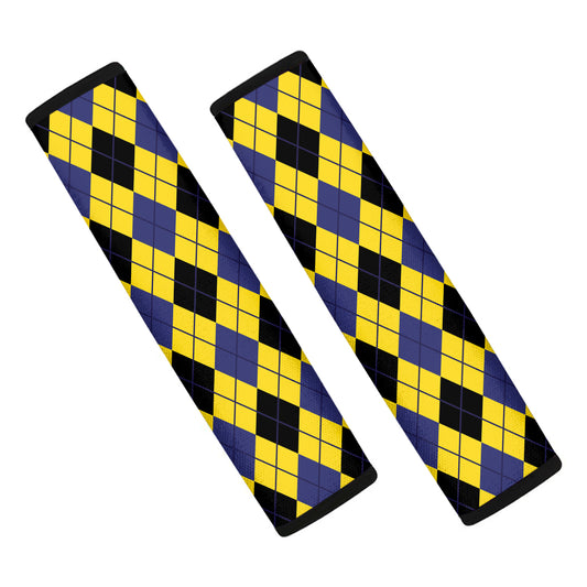 Yellow Blue And Black Argyle Print Car Seat Belt Covers