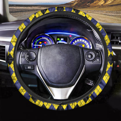 Yellow Blue And Black Argyle Print Car Steering Wheel Cover