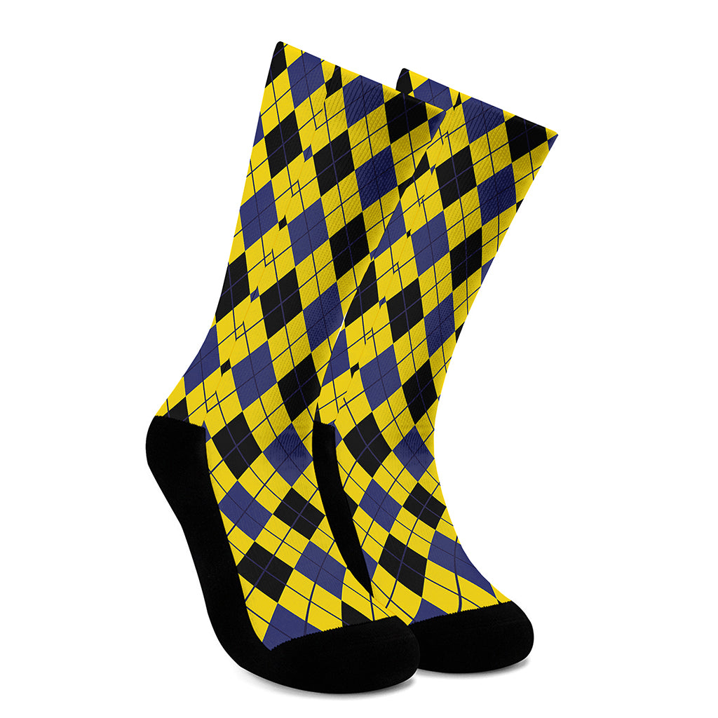 Yellow Blue And Black Argyle Print Crew Socks