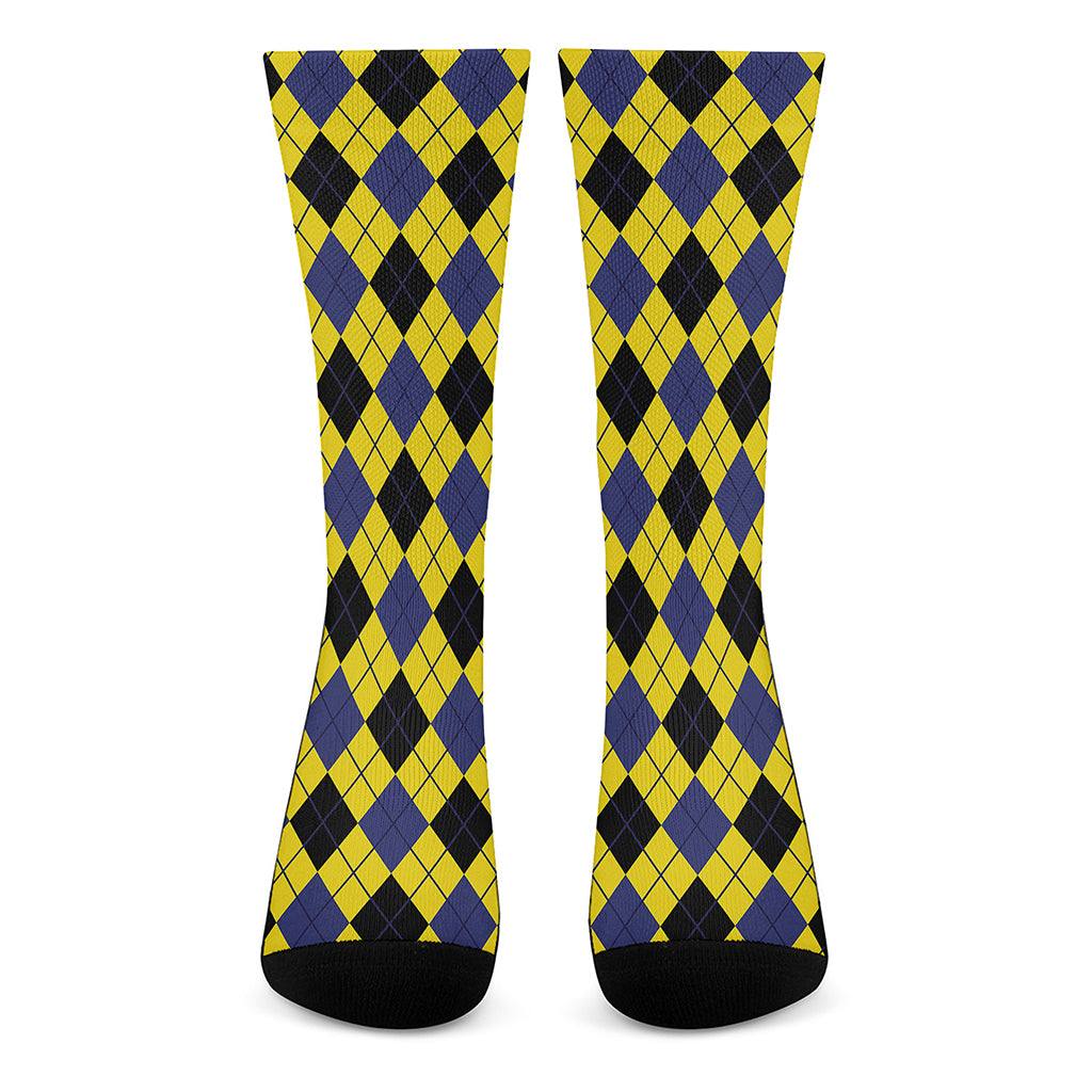 Yellow Blue And Black Argyle Print Crew Socks