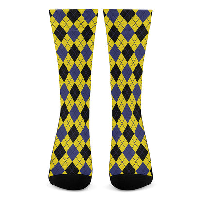 Yellow Blue And Black Argyle Print Crew Socks