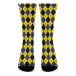 Yellow Blue And Black Argyle Print Crew Socks
