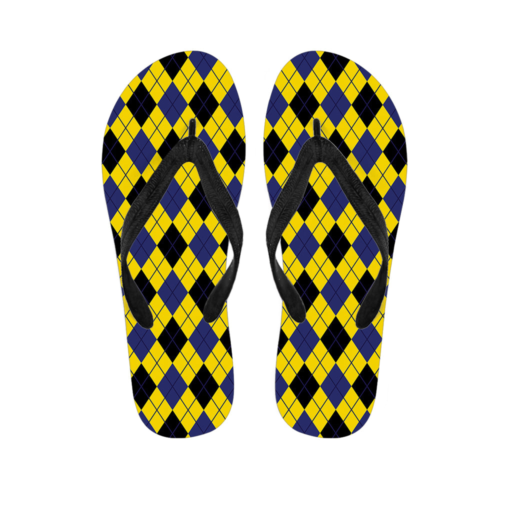 Yellow Blue And Black Argyle Print Flip Flops