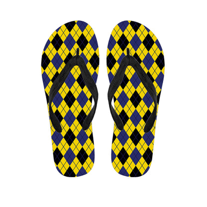 Yellow Blue And Black Argyle Print Flip Flops