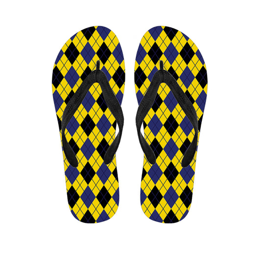 Yellow Blue And Black Argyle Print Flip Flops