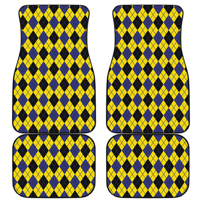 Yellow Blue And Black Argyle Print Front and Back Car Floor Mats
