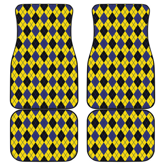 Yellow Blue And Black Argyle Print Front and Back Car Floor Mats