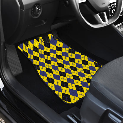 Yellow Blue And Black Argyle Print Front and Back Car Floor Mats