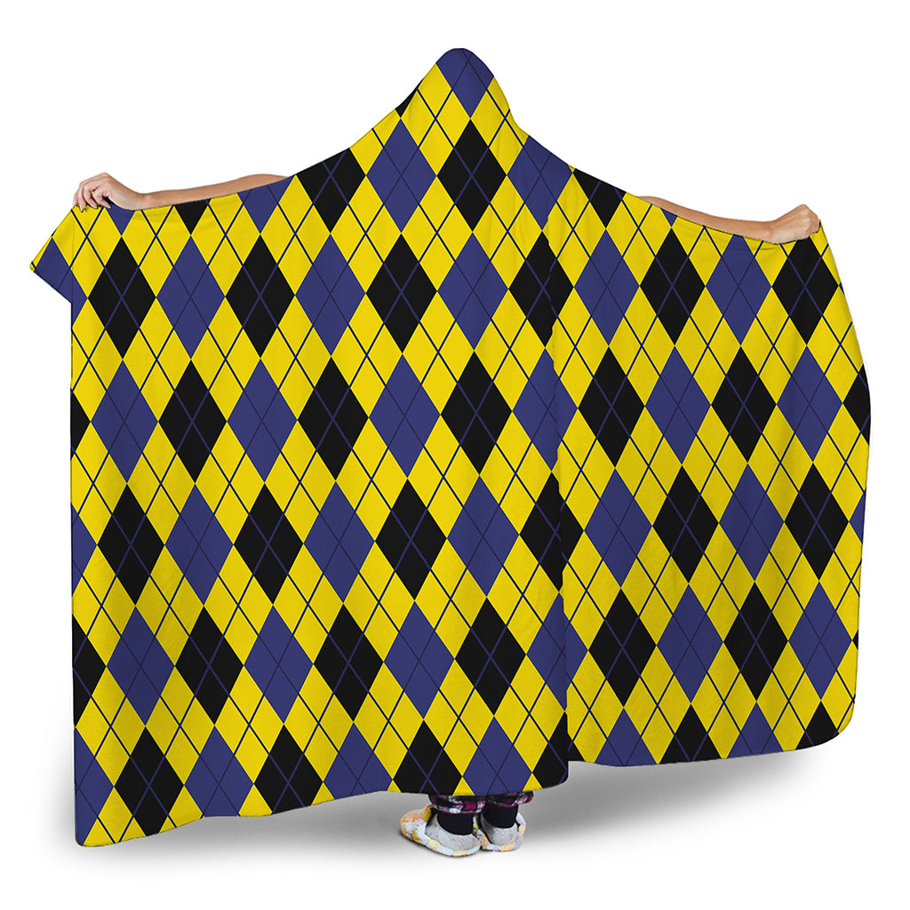 Yellow Blue And Black Argyle Print Hooded Blanket