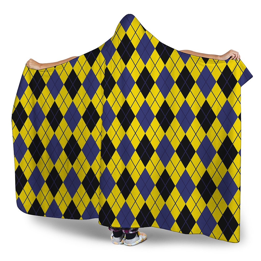 Yellow Blue And Black Argyle Print Hooded Blanket
