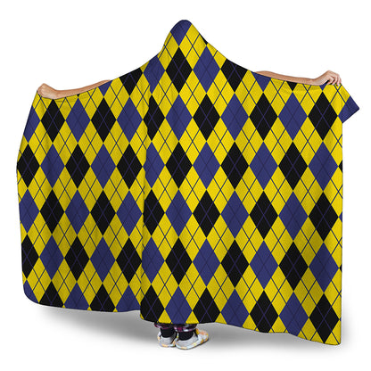 Yellow Blue And Black Argyle Print Hooded Blanket