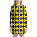 Yellow Blue And Black Argyle Print Hoodie Dress