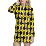 Yellow Blue And Black Argyle Print Hoodie Dress