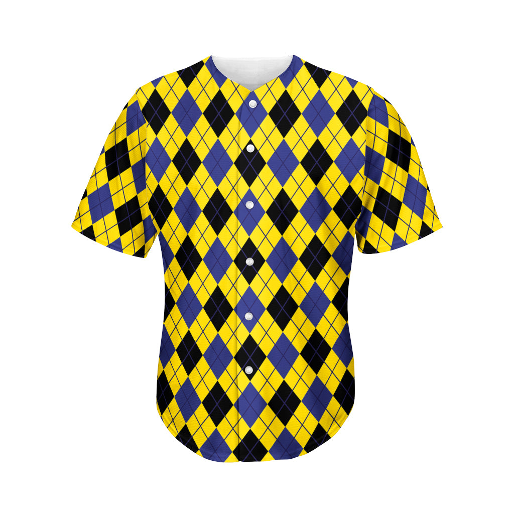 Yellow Blue And Black Argyle Print Men's Baseball Jersey