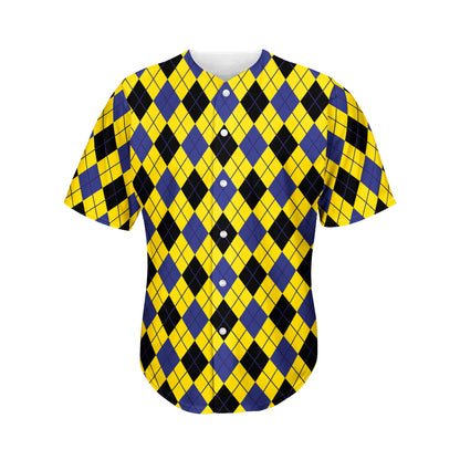 Yellow Blue And Black Argyle Print Men's Baseball Jersey