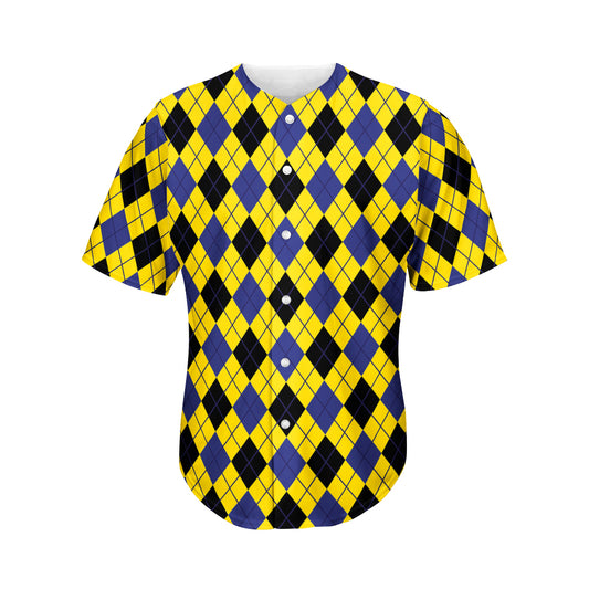 Yellow Blue And Black Argyle Print Men's Baseball Jersey