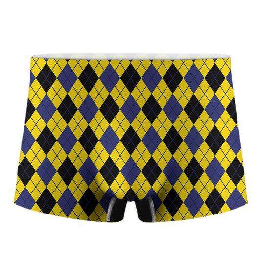 Yellow Blue And Black Argyle Print Men's Boxer Briefs