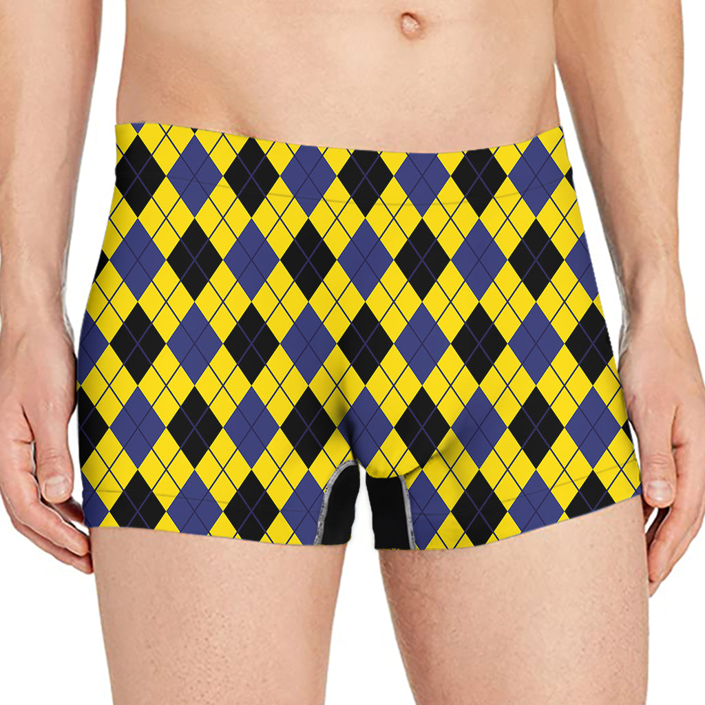Yellow Blue And Black Argyle Print Men's Boxer Briefs
