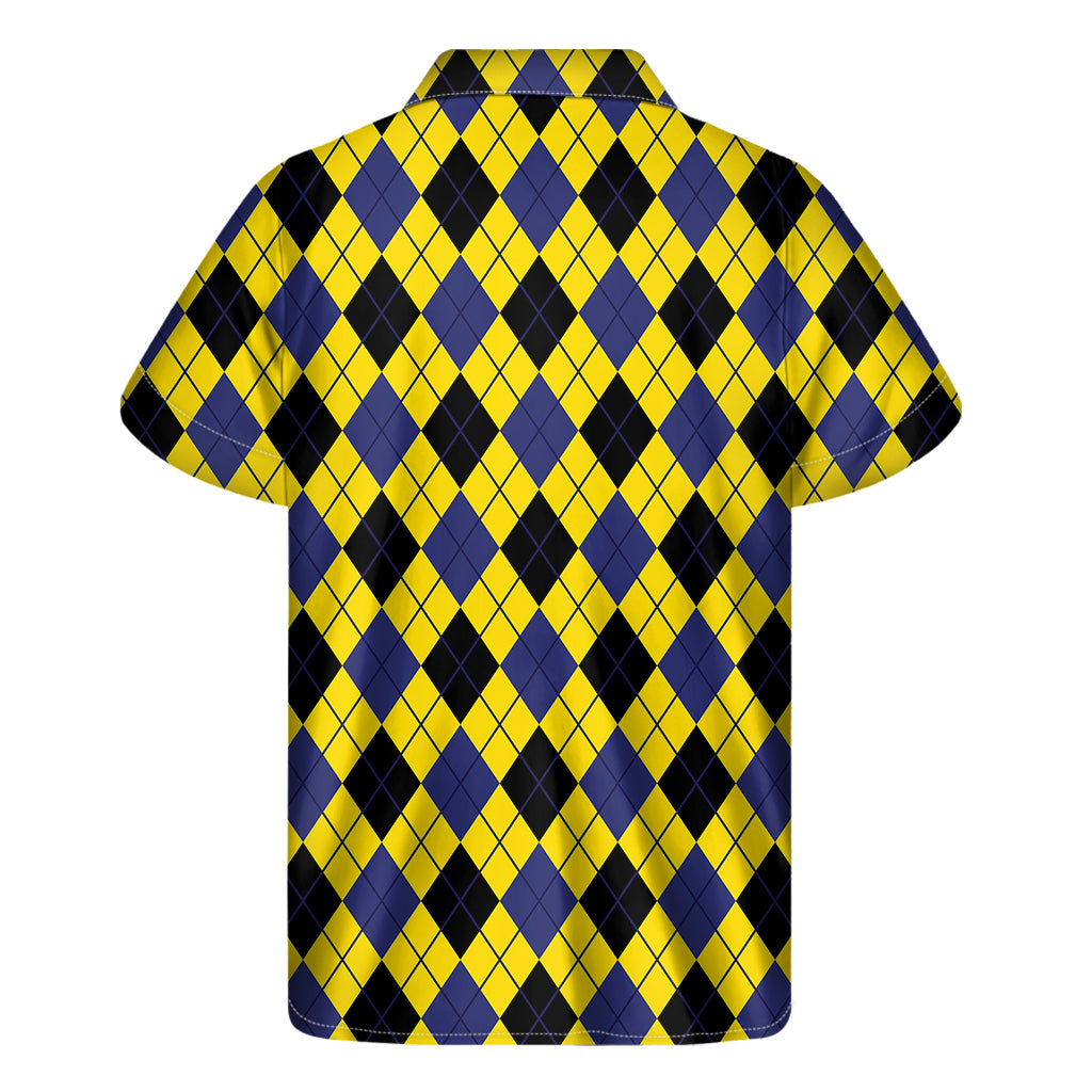 Yellow Blue And Black Argyle Print Men's Short Sleeve Shirt