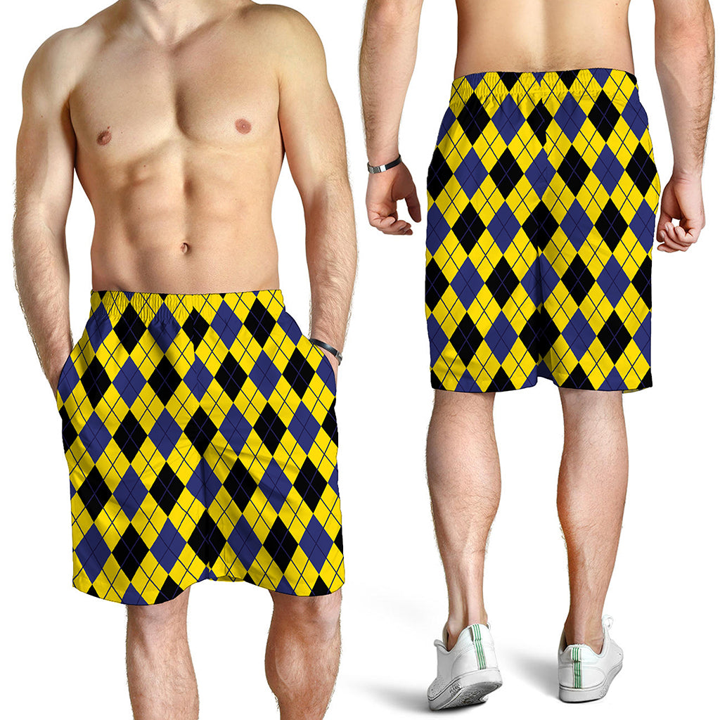 Yellow Blue And Black Argyle Print Men's Shorts