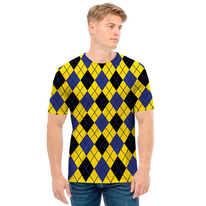 Yellow Blue And Black Argyle Print Men's T-Shirt