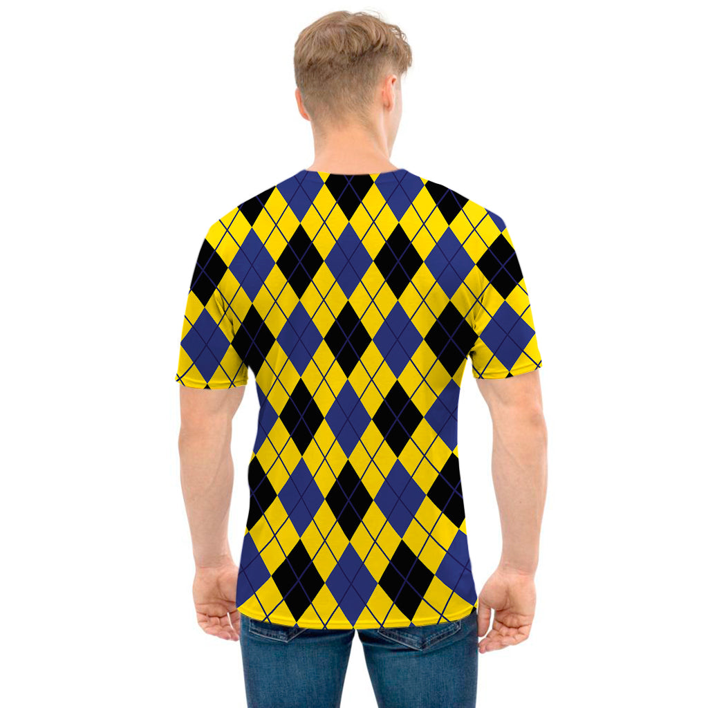 Yellow Blue And Black Argyle Print Men's T-Shirt