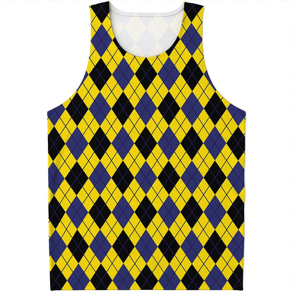 Yellow Blue And Black Argyle Print Men's Tank Top