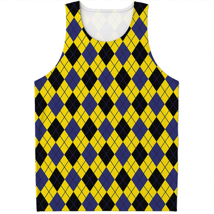 Yellow Blue And Black Argyle Print Men's Tank Top