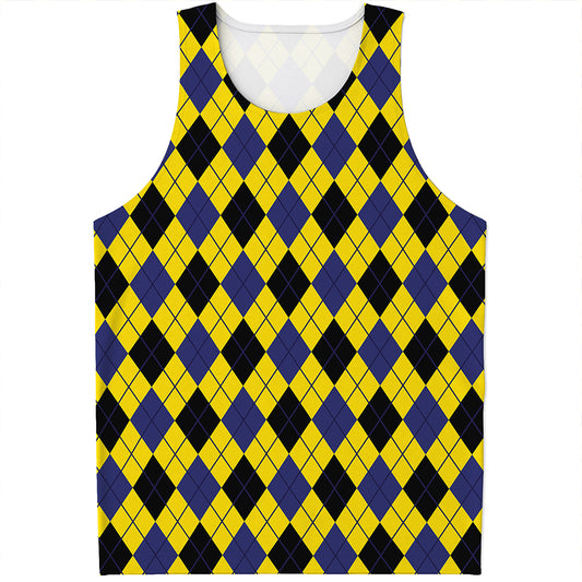 Yellow Blue And Black Argyle Print Men's Tank Top