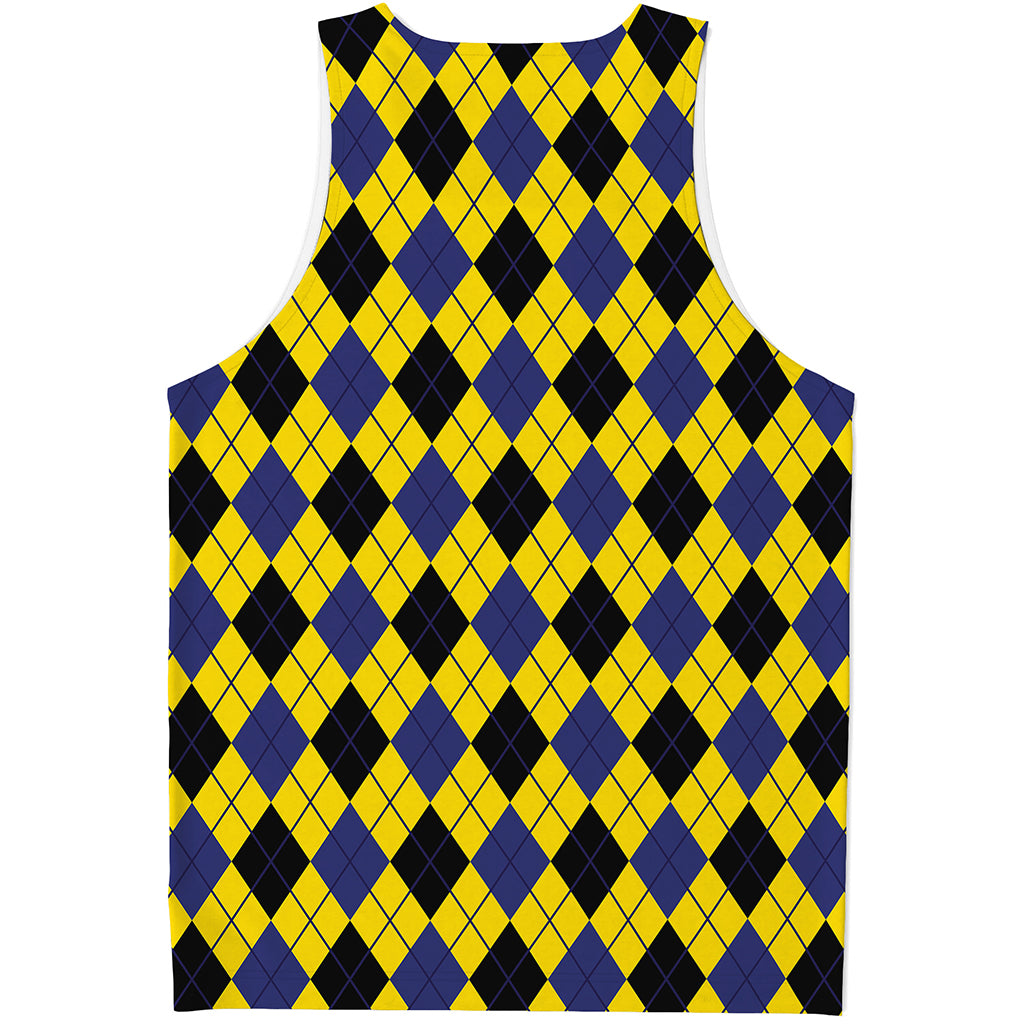 Yellow Blue And Black Argyle Print Men's Tank Top