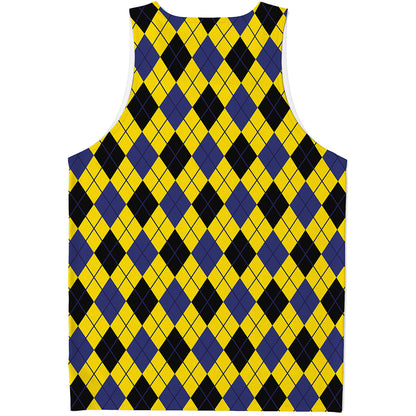 Yellow Blue And Black Argyle Print Men's Tank Top