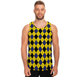 Yellow Blue And Black Argyle Print Men's Tank Top