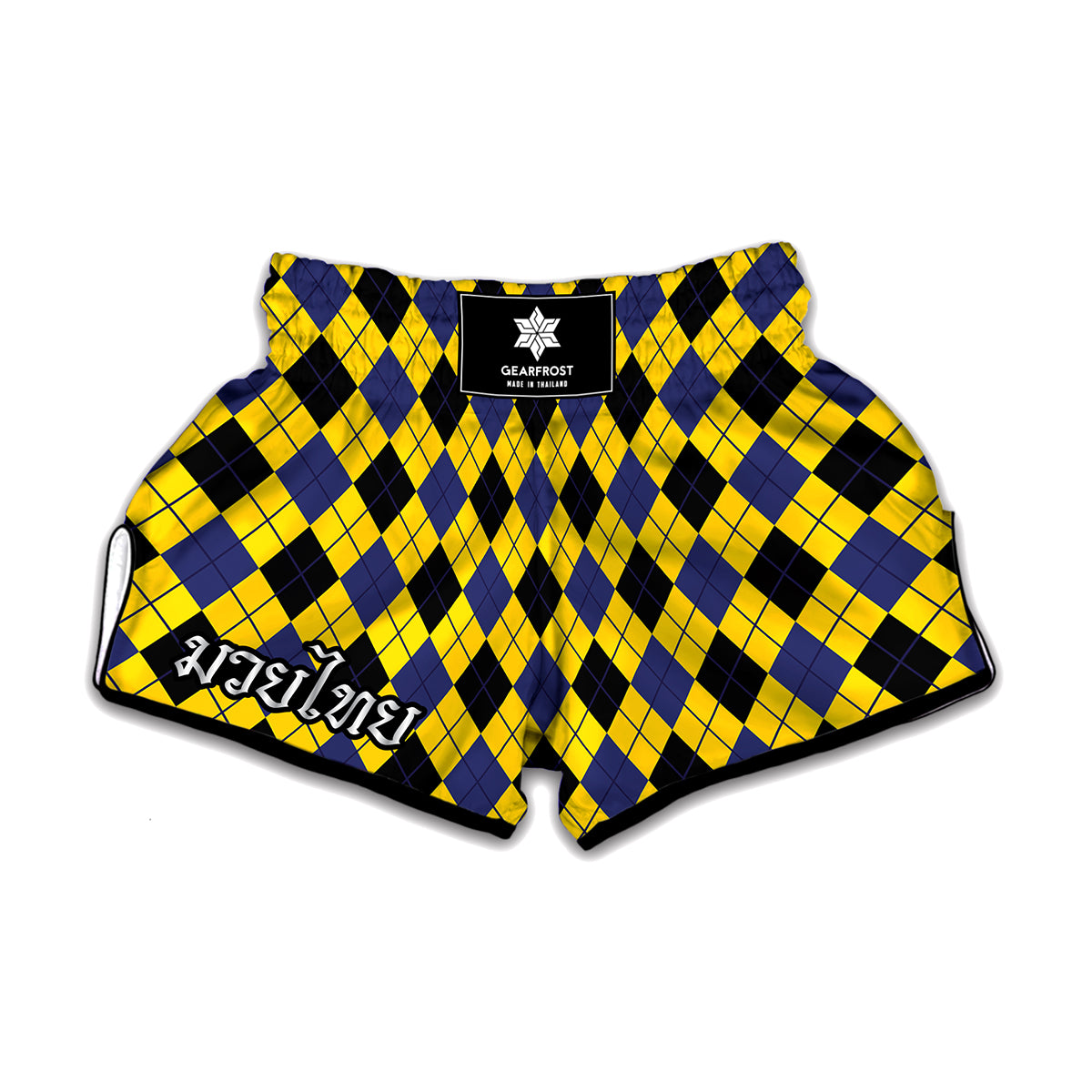 Yellow Blue And Black Argyle Print Muay Thai Boxing Shorts