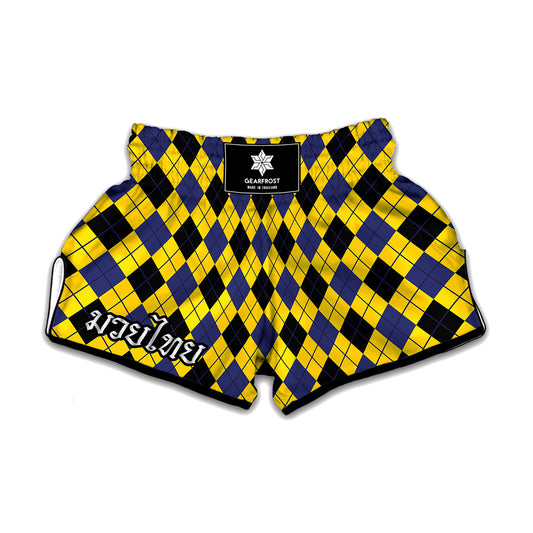 Yellow Blue And Black Argyle Print Muay Thai Boxing Shorts