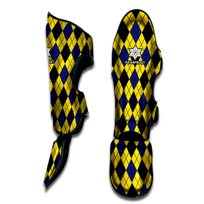 Yellow Blue And Black Argyle Print Muay Thai Shin Guard